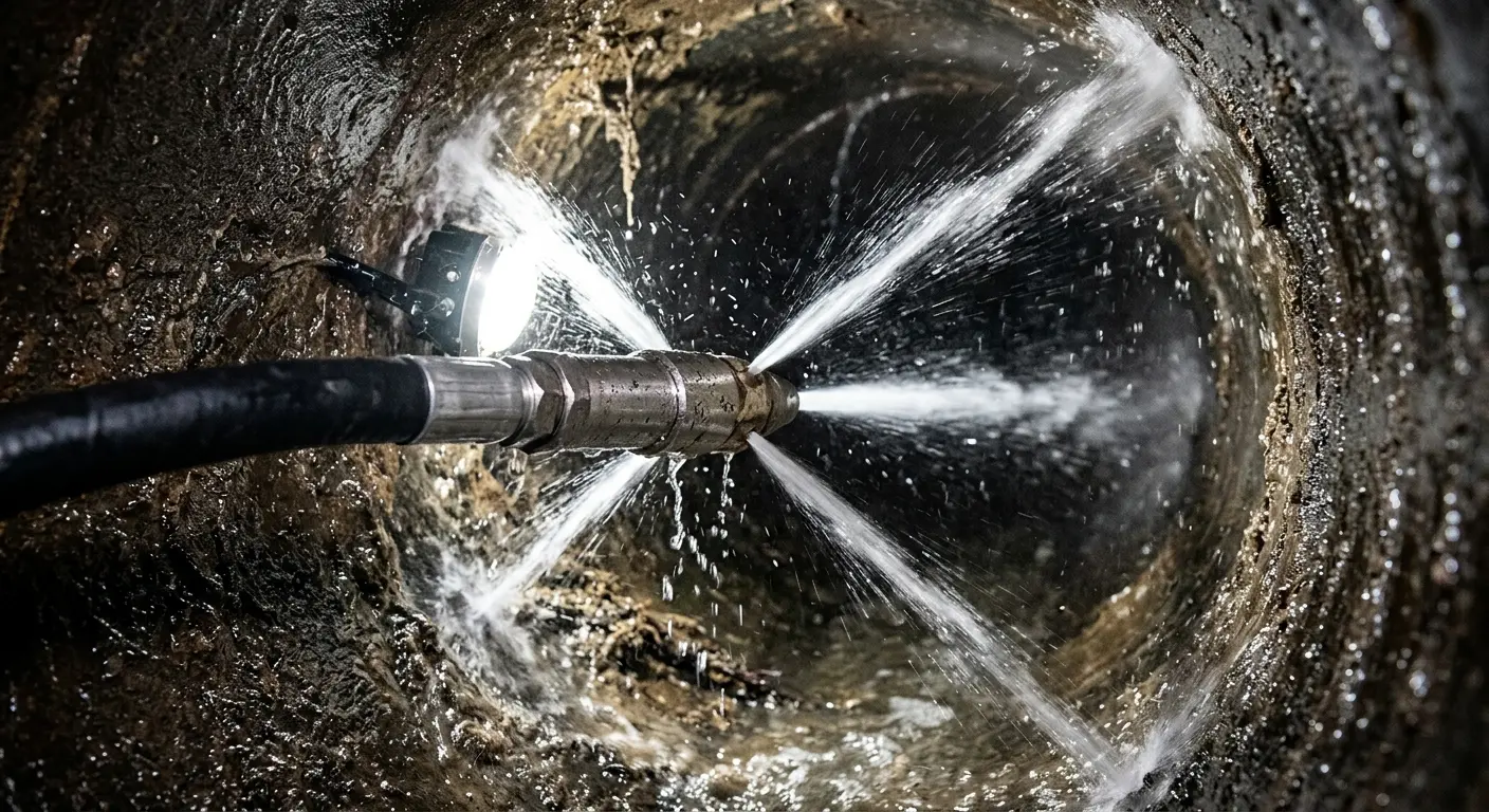 High-pressure hydro jetting nozzle cleaning sewer pipe for Trenchless Sewer Repair in East Lyme