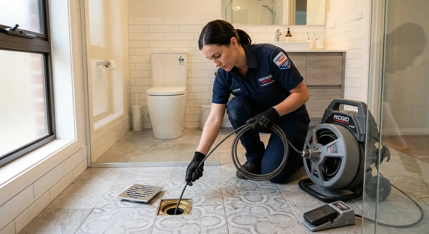 Technician clearing a bathroom floor drain for Drain Cleaning in East Lyme